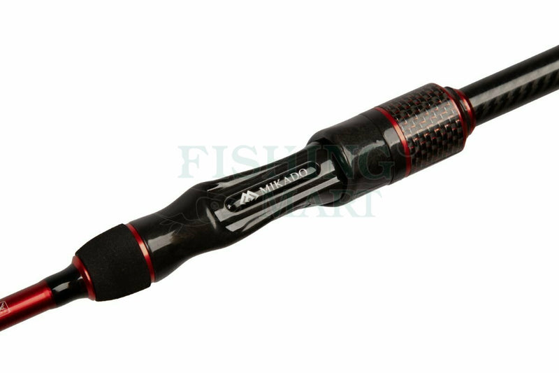 Load image into Gallery viewer, Close-up of the Mikado MFT Craft 240cm Spinning Rod handle and reel seat, featuring black and red design with Mikado logo.
