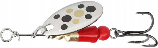 Mikado M-Craft Micro Spinner nr 0 fishing lure with silver blade, black and gold dots, red body, and treble hook.