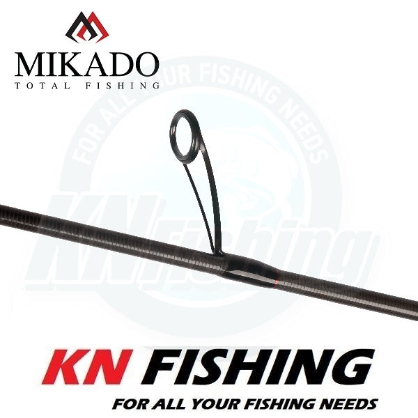 Load image into Gallery viewer, Mikado MFT Craft 213cm Spinning Rod, close-up of fishing rod guide and blank with Mikado logo.
