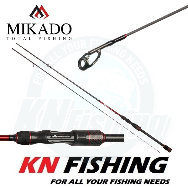 Load image into Gallery viewer, Mikado MFT Craft 213cm Spinning Rod, dark color with red accents, showing handle, reel seat, and a fishing guide.
