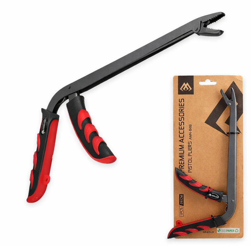Load image into Gallery viewer, Mikado AMN-848 Pistol Pliers 24cm, black and red fishing grip tool, shown unwrapped and in packaging.
