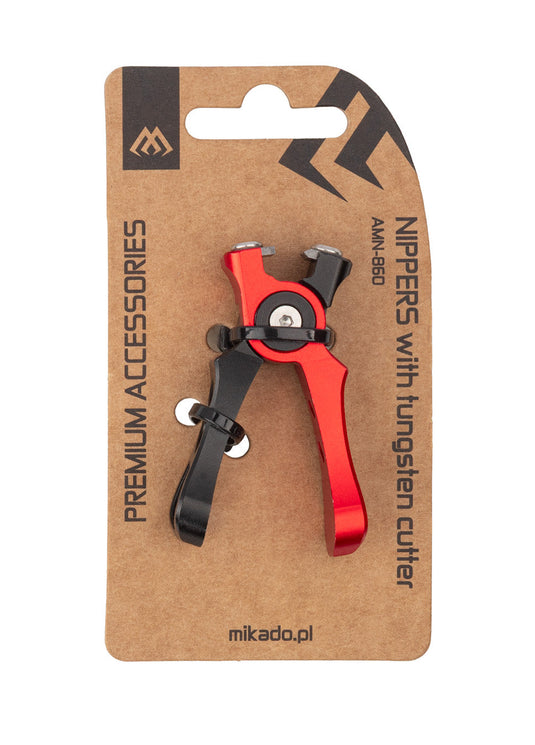 Mikado AMN-860 Line Nippers Mono & Braid with tungsten cutter, red and black, on retail packaging.