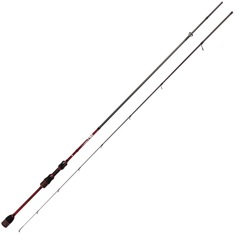 Load image into Gallery viewer, Mikado MFT Perch 240cm Spinning Rod in black and red, two sections, on a white background.
