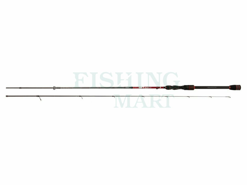 Load image into Gallery viewer, Mikado MFT Craft 240cm Spinning Rod. Black fishing rod with red details, disassembled.
