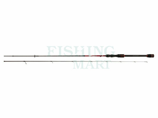 Mikado MFT Craft 240cm Spinning Rod. Black fishing rod with red details, disassembled.