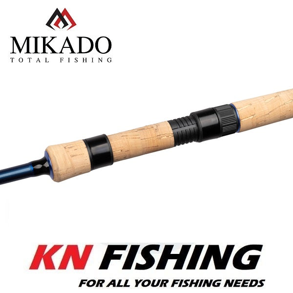 Load image into Gallery viewer, Close-up of Mikado LX Legend Spin 245cm Rod handle with cork grip and black reel seat. Mikado fishing rod detail.
