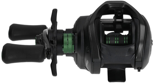 Mikado Jaws 151 LH Baitcasting Multiplier Reel in black with green accents, showing the handle and spool.
