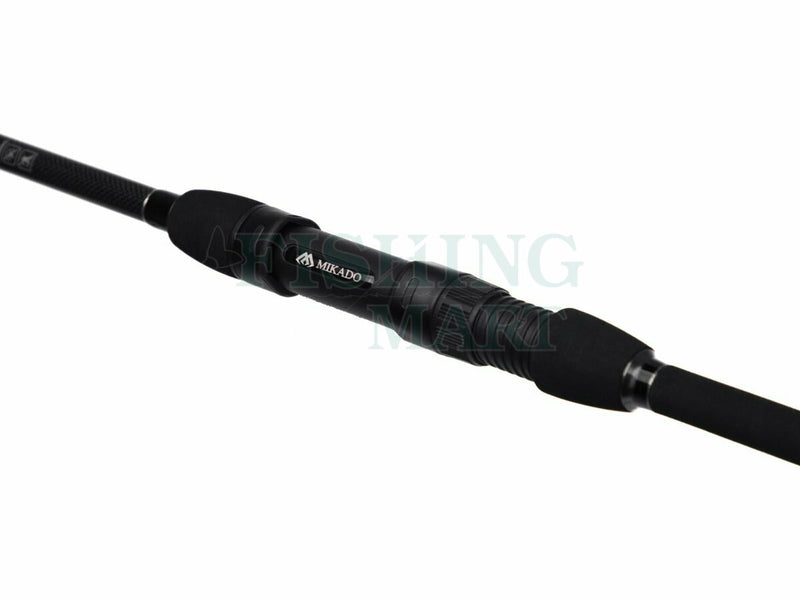 Load image into Gallery viewer, Close-up of the Mikado Katsudo Slim Distance Feeder 390cm Rod handle with the Mikado logo and reel seat
