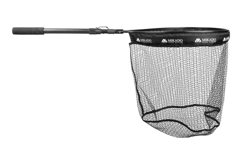 Load image into Gallery viewer, Mikado MFT Foldable Landing Net 135cm with telescopic handle and black mesh net, isolated on white background.

