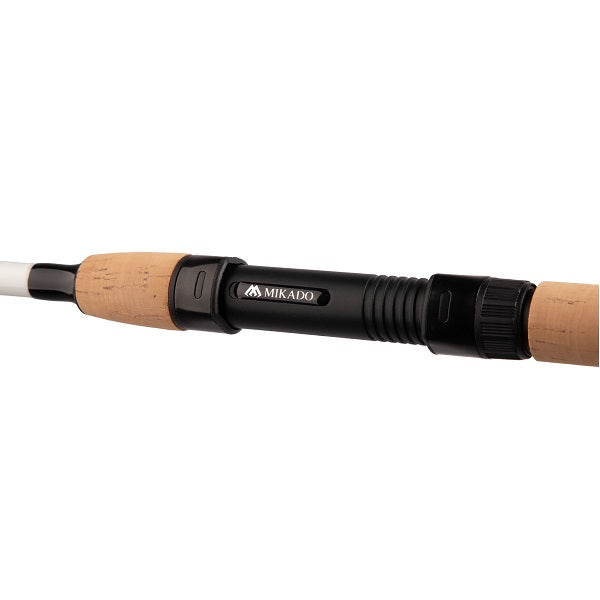 Load image into Gallery viewer, Close-up of the Mikado Intro II Light Feeder 300 fishing rod handle with black reel seat and cork grips, showing the Mikado logo.
