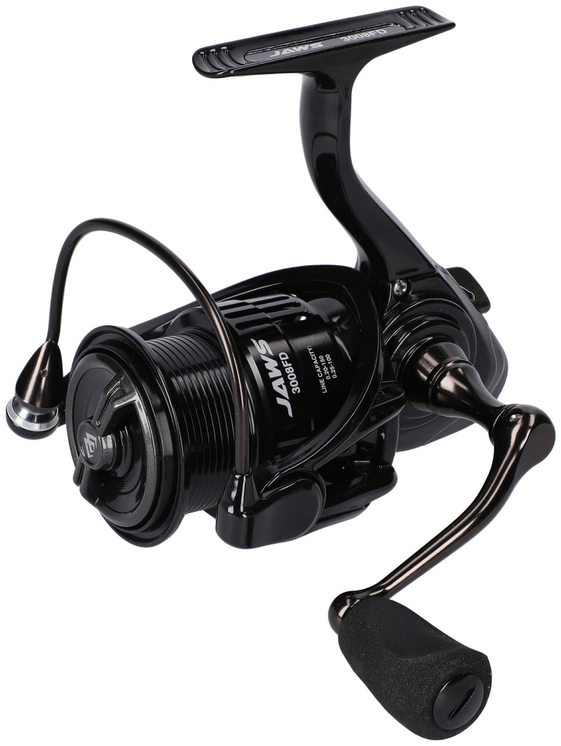 Load image into Gallery viewer, Mikado Jaws 3008 FD Spinning Reel, black, on a white background, angled view.
