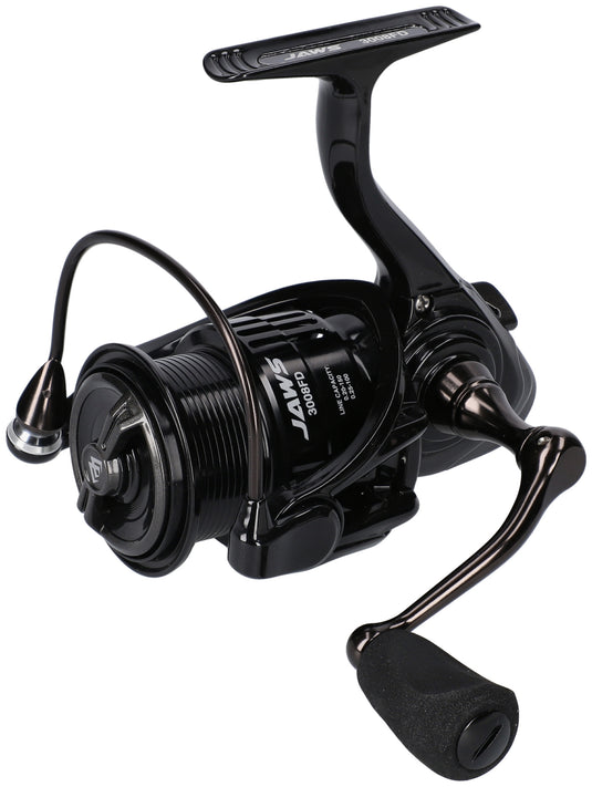 Mikado Jaws 3008 FD Spinning Reel, black, on a white background, angled view.