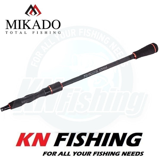 Mikado NSC NG Finesse Spin 245cm fishing rod. Black rod with red accents, Mikado logo & Finesse Spin model text.