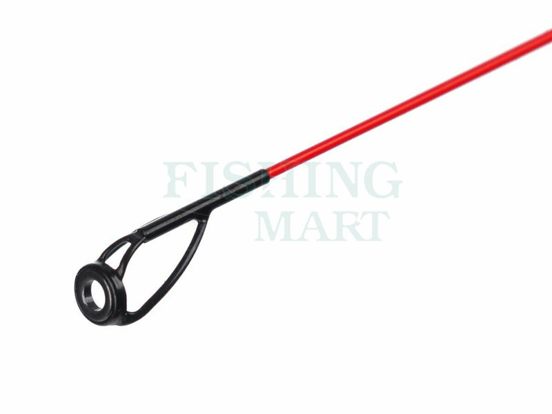 Load image into Gallery viewer, Close-up of the tip of a red Mikado Katsudo Slim Distance Feeder 390cm Rod, showing a black line guide.
