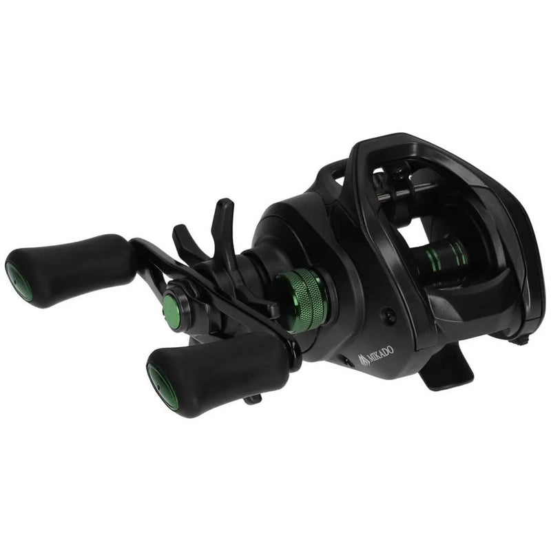 Load image into Gallery viewer, Mikado Jaws 151 LH Baitcasting Multiplier Reel in black with green accents, isolated on white background.
