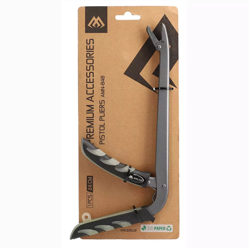 Load image into Gallery viewer, Mikado AMN-848 Pistol Pliers 24cm in retail packaging. Gray pliers with black handles on a brown cardboard backer, 1pcs.
