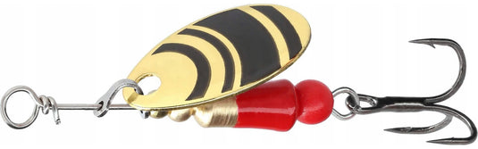 Mikado M-Craft Micro Spinner nr 0 fishing lure with gold and black striped blade, red body, and treble hook