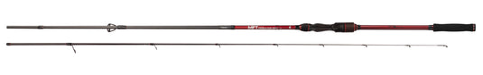 Mikado MFT Predator Spin 260cm Rod. Two-piece red and dark grey spinning rod, with reel seat and guides, against a white background.